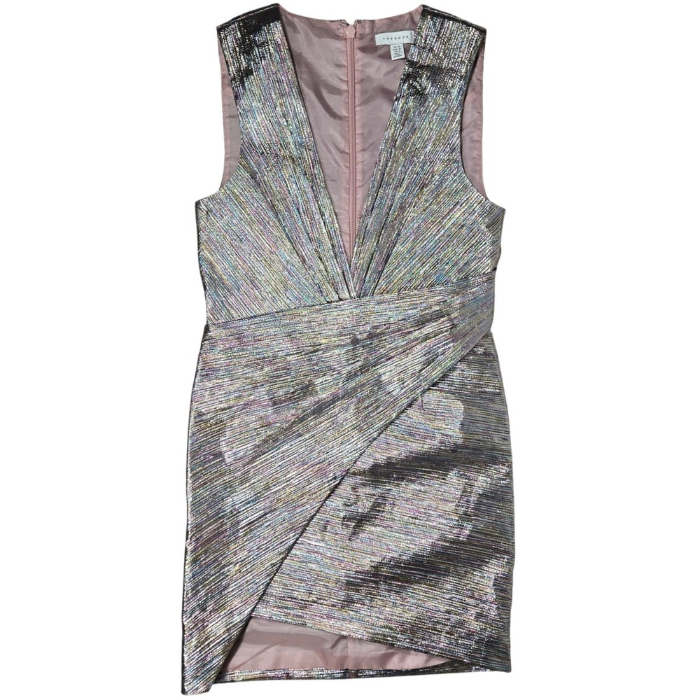 Topshop Metallic Iridescent Rainbow Mini Dress US 6 UK 10 Sleeveless Wrap V-Neck
